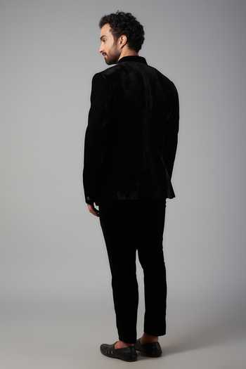 Treble Twilight Formal Two-Piece Black Bandhgala with Silver Thread Detailing & Trousers