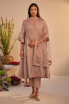 Buy_Shorshe Clothing_Beige Linen Tissue Hand Block Printed Floral Notched Choga Kurta And Pant Set _at_Aza_Fashions