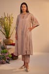 Shorshe Clothing_Beige Linen Tissue Hand Block Printed Floral Notched Choga Kurta And Pant Set _Online_at_Aza_Fashions