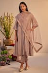 Shop_Shorshe Clothing_Beige Linen Tissue Hand Block Printed Floral Notched Choga Kurta And Pant Set _Online_at_Aza_Fashions