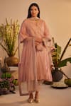 Buy_Shorshe Clothing_Pink Linen Tissue Hand Block Printed Floral Notched Choga Kurta With Pant _at_Aza_Fashions