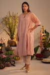 Shorshe Clothing_Pink Linen Tissue Hand Block Printed Floral Notched Choga Kurta With Pant _Online_at_Aza_Fashions