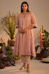 Shop_Shorshe Clothing_Pink Linen Tissue Hand Block Printed Floral Notched Choga Kurta With Pant _Online_at_Aza_Fashions