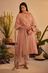 Buy_Shorshe Clothing_Pink Linen Tissue Hand Block Printed Floral Notched Choga Kurta With Pant 