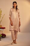 Shorshe Clothing_Pink Ribbed Brocade And Tissue Hand Embroidered Lace Metallic Kurta With Pant _Online_at_Aza_Fashions