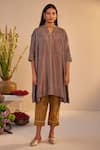 Shorshe Clothing_Grey Pure Silk And Tissue Hand Embroidered Zardozi Notched Sleeve Kurta & Pant Set _Online_at_Aza_Fashions