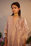 Shorshe Clothing_Pink Tissue Plain Geometric V-neck Woven Border Kurta With Pant _at_Aza_Fashions