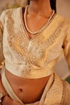 Buy_Shorshe Clothing_Ivory Brocade Woven Geometric V-neck Blouse _Online_at_Aza_Fashions