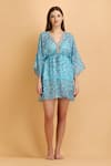 LABEL IVISH_Blue Chiffon Print Smear V Neck Kaftan With Inner Slip _Online_at_Aza_Fashions