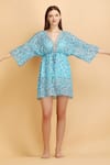 LABEL IVISH_Blue Chiffon Print Smear V Neck Kaftan With Inner Slip _at_Aza_Fashions