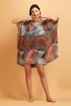 Buy_LABEL IVISH_Brown Chiffon Print Swerve V Neck Kaftan With Inner Slip  _at_Aza_Fashions