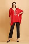 Buy_LABEL IVISH_Red Satin V Neck Rhinestone Embellished Asymmetric Kaftan With Trouser  _at_Aza_Fashions