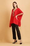 Buy_LABEL IVISH_Red Satin V Neck Rhinestone Embellished Asymmetric Kaftan With Trouser  _Online_at_Aza_Fashions