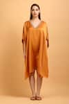 Buy_LABEL IVISH_Orange Satin V Neck Embroidered Neckline Kaftan  _at_Aza_Fashions