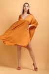 Shop_LABEL IVISH_Orange Satin V Neck Embroidered Neckline Kaftan  _at_Aza_Fashions