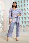 Samyukta Singhania_Grey Linen Satin Embroidered Thread Jacket Tunic V-neck With Pant _at_Aza_Fashions