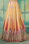 Samyukta Singhania_Yellow Raw Silk Print Damask Fleur V Art Mirror Work Lehenga Blouse Set _Online_at_Aza_Fashions