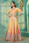 Buy_Samyukta Singhania_Yellow Raw Silk Print Damask Fleur V Art Mirror Work Lehenga Blouse Set _Online_at_Aza_Fashions