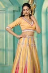 Shop_Samyukta Singhania_Yellow Raw Silk Print Damask Fleur V Art Mirror Work Lehenga Blouse Set _Online_at_Aza_Fashions