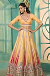 Samyukta Singhania_Yellow Raw Silk Print Damask Fleur V Art Mirror Work Lehenga Blouse Set _at_Aza_Fashions