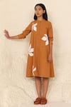 Buy_Kanelle_Beige Cotton Poplin Embroidery Floral Applique Band Collar Hailey Shirt Dress _at_Aza_Fashions