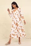 Buy_Kanelle_White Cotton Poplin Printed Leaf V Neck Milani Dress_Online_at_Aza_Fashions