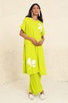 Kanelle_Green Tencel Twill Embroidery Floral Applique Morgan Work Tunic And Trouser Set_Online_at_Aza_Fashions