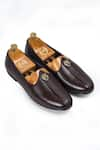 Buy_Domani_Brown Plain Pasha Lion Buckle Leather Juttis _at_Aza_Fashions