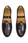 Shop_Domani_Brown Plain Pasha Lion Buckle Leather Juttis _at_Aza_Fashions