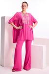 Buy_Namrata Joshipura_Fuchsia Textured Georgette Embroidery Thread Hibiscus Gathered Top And Pant Set _at_Aza_Fashions