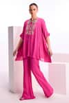 Buy_Namrata Joshipura_Fuchsia Textured Georgette Embroidery Thread Hibiscus Gathered Top And Pant Set _Online_at_Aza_Fashions