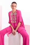 Shop_Namrata Joshipura_Fuchsia Textured Georgette Embroidery Thread Hibiscus Gathered Top And Pant Set _Online_at_Aza_Fashions