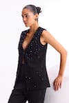 Namrata Joshipura_Black Jute Crepe Embellished Crystal Plunge V Neck Top And Pant Set _at_Aza_Fashions