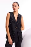 Buy_Namrata Joshipura_Black Jute Crepe Embellished Crystal Plunge V Neck Top And Pant Set 