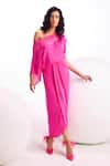 Buy_Namrata Joshipura_Fuchsia Viscose Satin Embroidery Sequin Asymmetric Fern Neckline Dress _Online_at_Aza_Fashions