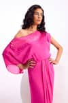 Shop_Namrata Joshipura_Fuchsia Viscose Satin Embroidery Sequin Asymmetric Fern Neckline Dress _at_Aza_Fashions