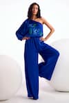 Shop_Namrata Joshipura_Blue Satin Embroidery Sequin Asymmetric Nova One Shoulder Jumpsuit _at_Aza_Fashions