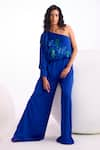 Namrata Joshipura_Blue Satin Embroidery Sequin Asymmetric Nova One Shoulder Jumpsuit _Online_at_Aza_Fashions