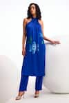 Buy_Namrata Joshipura_Blue Shimmer Chiffon Embroidery Sequin Halter Neck Nova Long Top And Pant Set _at_Aza_Fashions