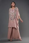 Buy_Payal Singhal_Pink Banarasi Georgette Embroidery Floral Notched Round Neck Cutdana Kaftan Set _at_Aza_Fashions