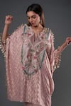 Payal Singhal_Pink Banarasi Georgette Embroidery Floral Notched Round Neck Cutdana Kaftan Set _Online_at_Aza_Fashions