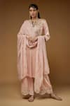 Buy_Payal Singhal_Pink Satin Embroidery Flower Vine Notched V Neck Bodice Kurta Pant Set _at_Aza_Fashions
