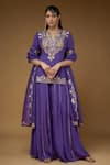 Buy_Payal Singhal_Purple Georgette Embroidery Zari Notched Round Neck Forest Kurta Sharara Set _at_Aza_Fashions