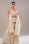 Buy_Payal Singhal_Beige Satin Embroidery Zari Round Neck Forest Kurta Sharara Set _at_Aza_Fashions