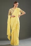 Buy_Payal Singhal_Yellow Georgette Embroidery Mukaish Round Neck Pre-stitched Saree With Blouse _at_Aza_Fashions