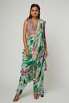 Buy_Payal Singhal_Multi Color Crepe Printed Forest V-neck Pre-draped Pant Saree With Blouse_at_Aza_Fashions