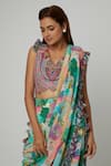 Payal Singhal_Multi Color Crepe Printed Forest V-neck Pre-draped Pant Saree With Blouse_Online_at_Aza_Fashions