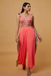 Buy_Payal Singhal_Coral Georgette Embroidered Tassells Square Blouse With Pant _at_Aza_Fashions