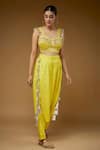 Buy_Payal Singhal_Yellow Satin Embroidered Tassells Sweetheart Floral Blouse With Draped Pant _at_Aza_Fashions