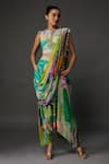 Buy_Payal Singhal_Multi Color Crepe Printed Abstract V-neck Pre-draped Pant Saree With Blouse_at_Aza_Fashions